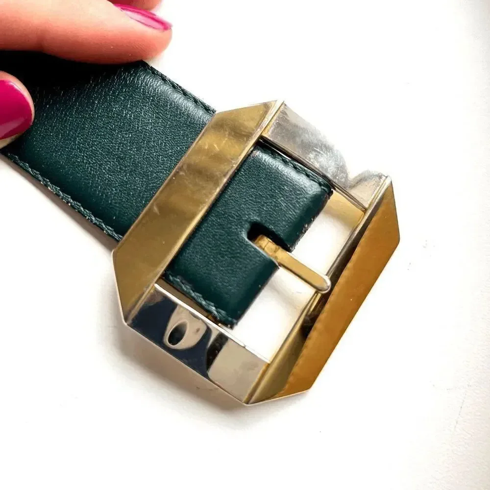 Vintage 1980s Green Leather Belt with Geometric Gold Buckle - Liz Claiborne